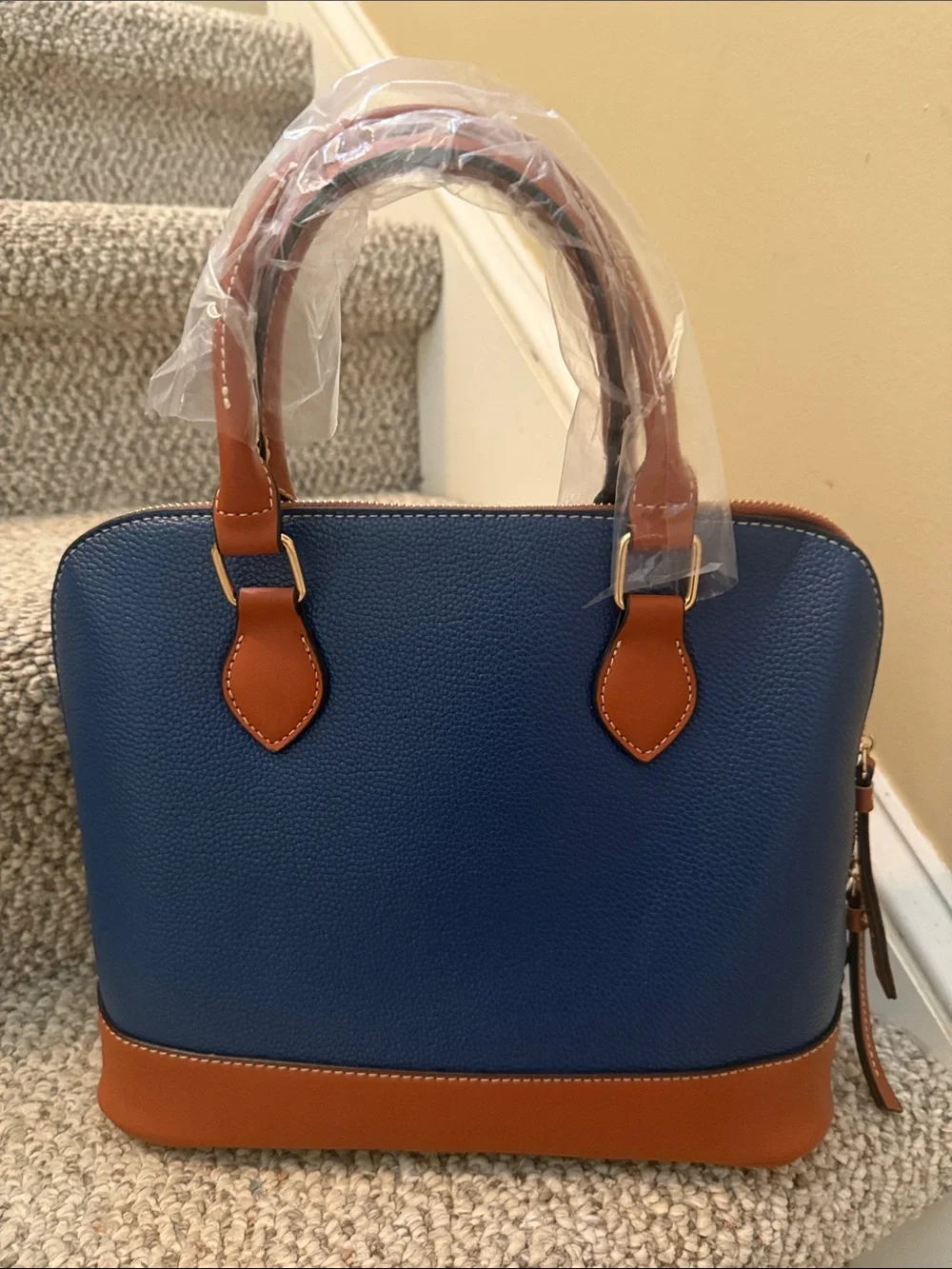Navy and Tan Leather Satchel - Women Bags